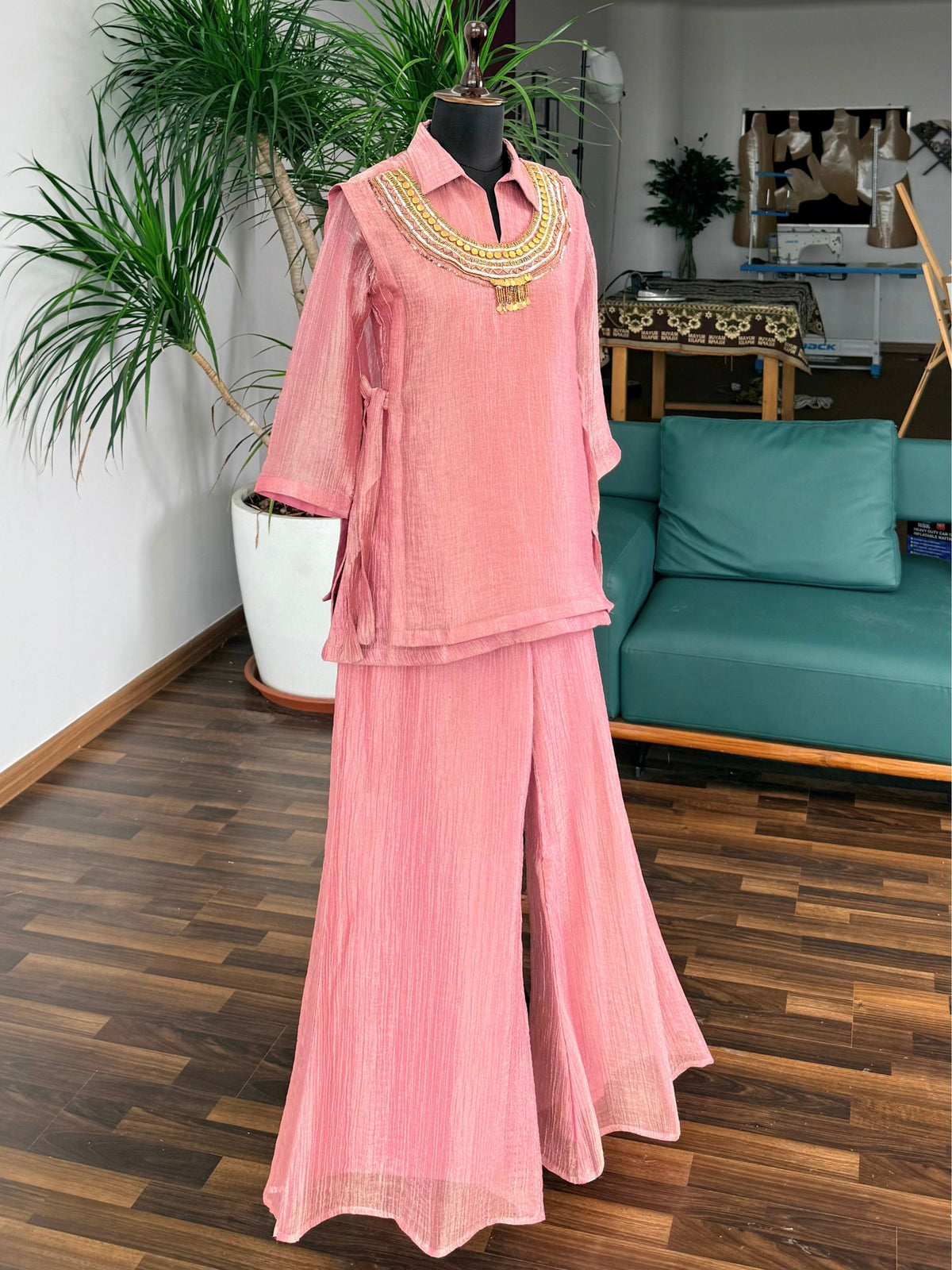 Dusty Rose Pink Handwork Necklace Sharara set BLS110