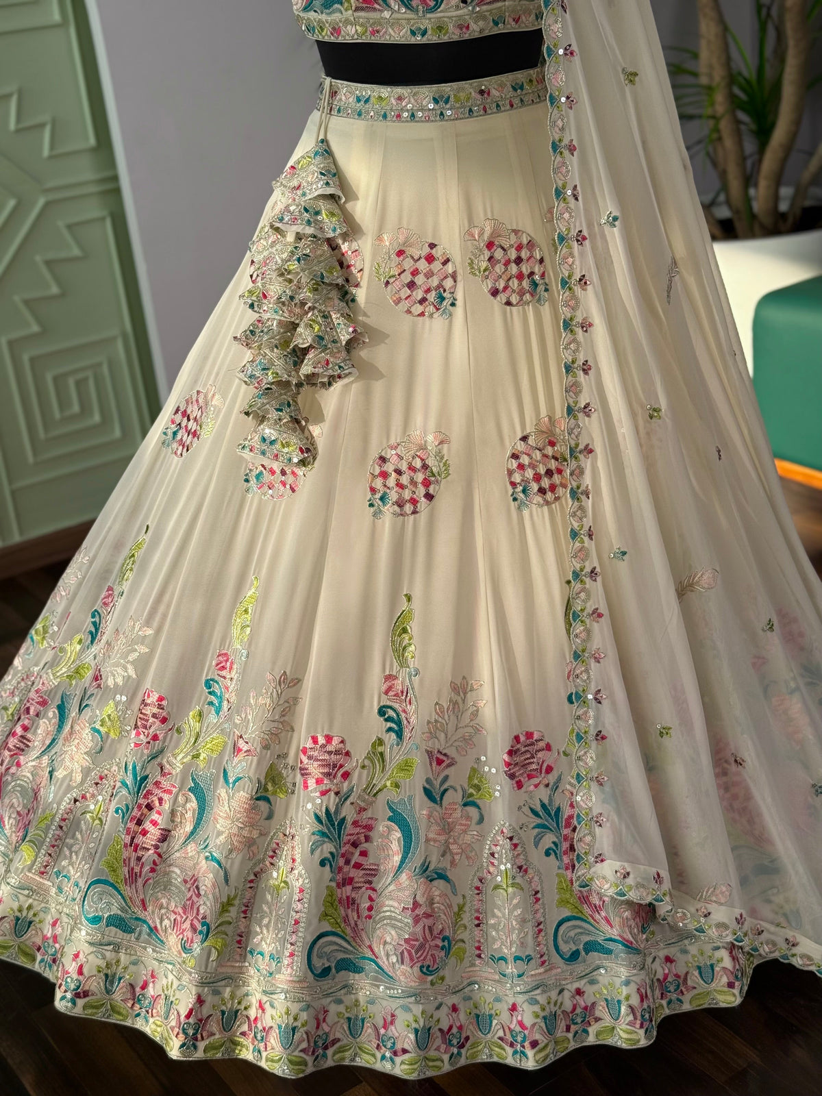 Off White color Real Mirror & Embroidery work Designer Lehenga Choli BL1656