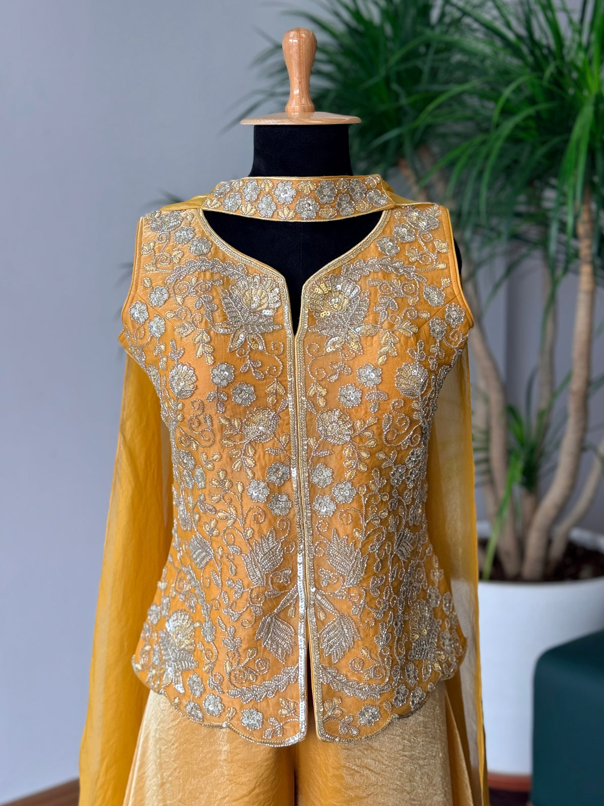 Mustard Yellow color Bids Sequence Embroidery work Sharara set BLS134