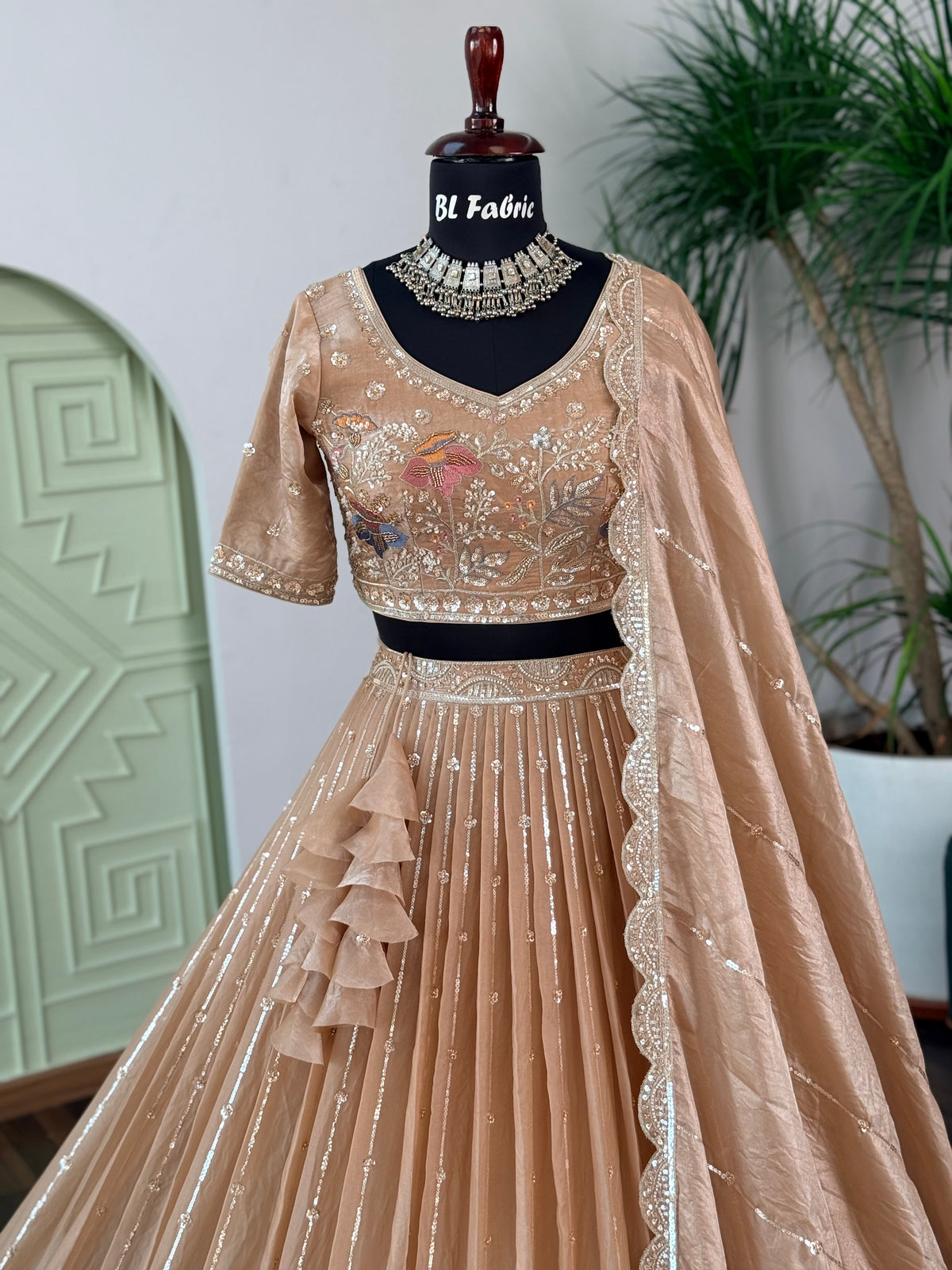 Peach Gold color Bids Embroidery work Lehenga Choli BL1723