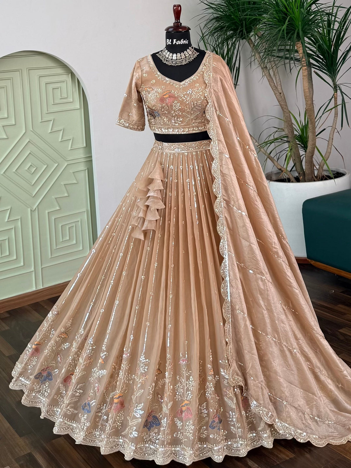 Peach Gold color Bids Embroidery work Lehenga Choli BL1723