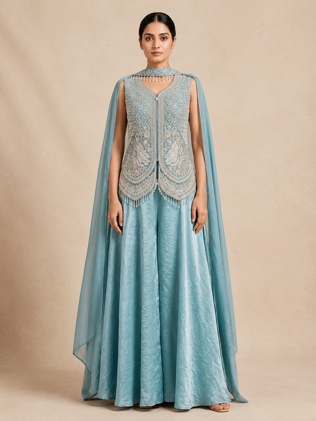 Royal Ice blue color Bids Sequence Embroidery work Sharara set BLS102
