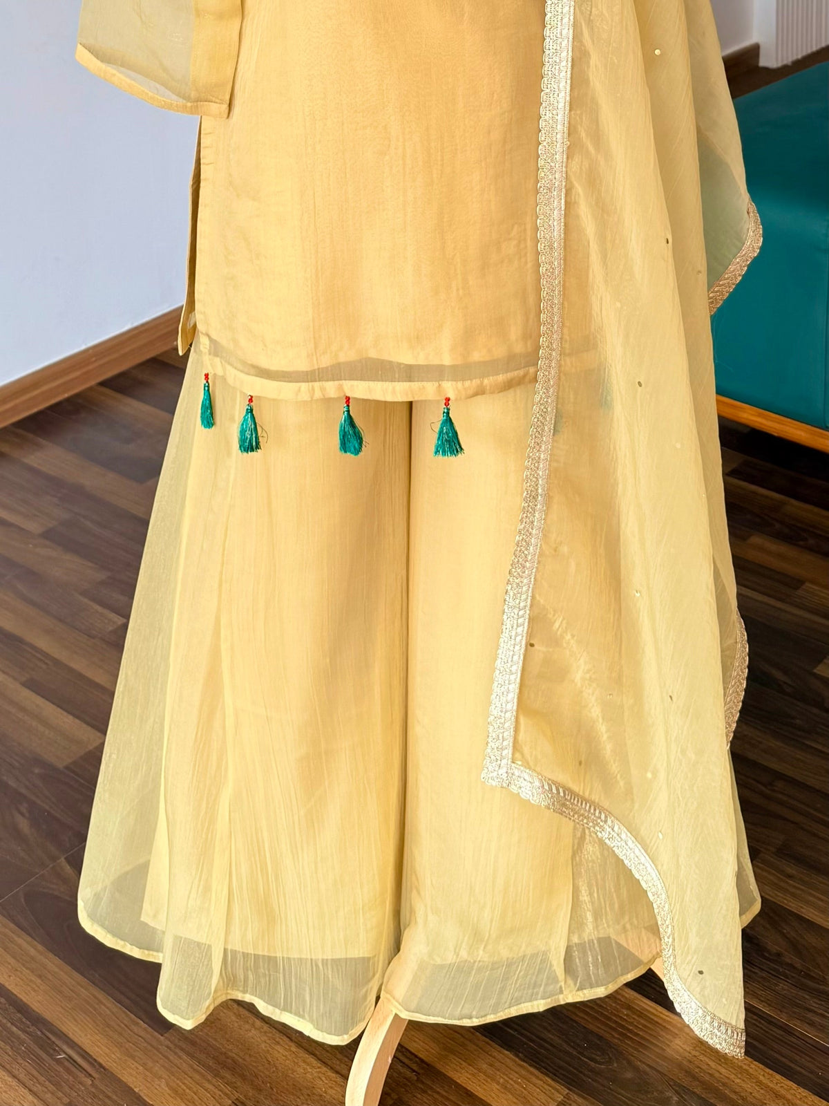 Pastel Yellow color Bids Sequence Embroidery work Sharara set BLS136