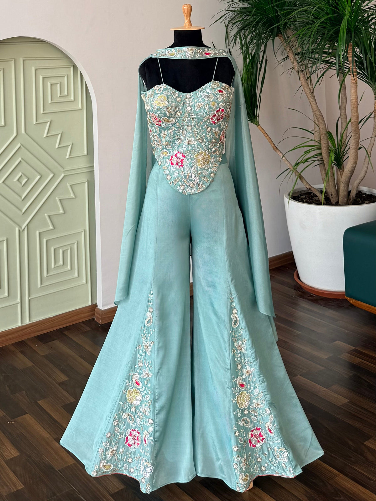 Pastel Aqua Blue color Bids Sequence Embroidery work Sharara set BLS128