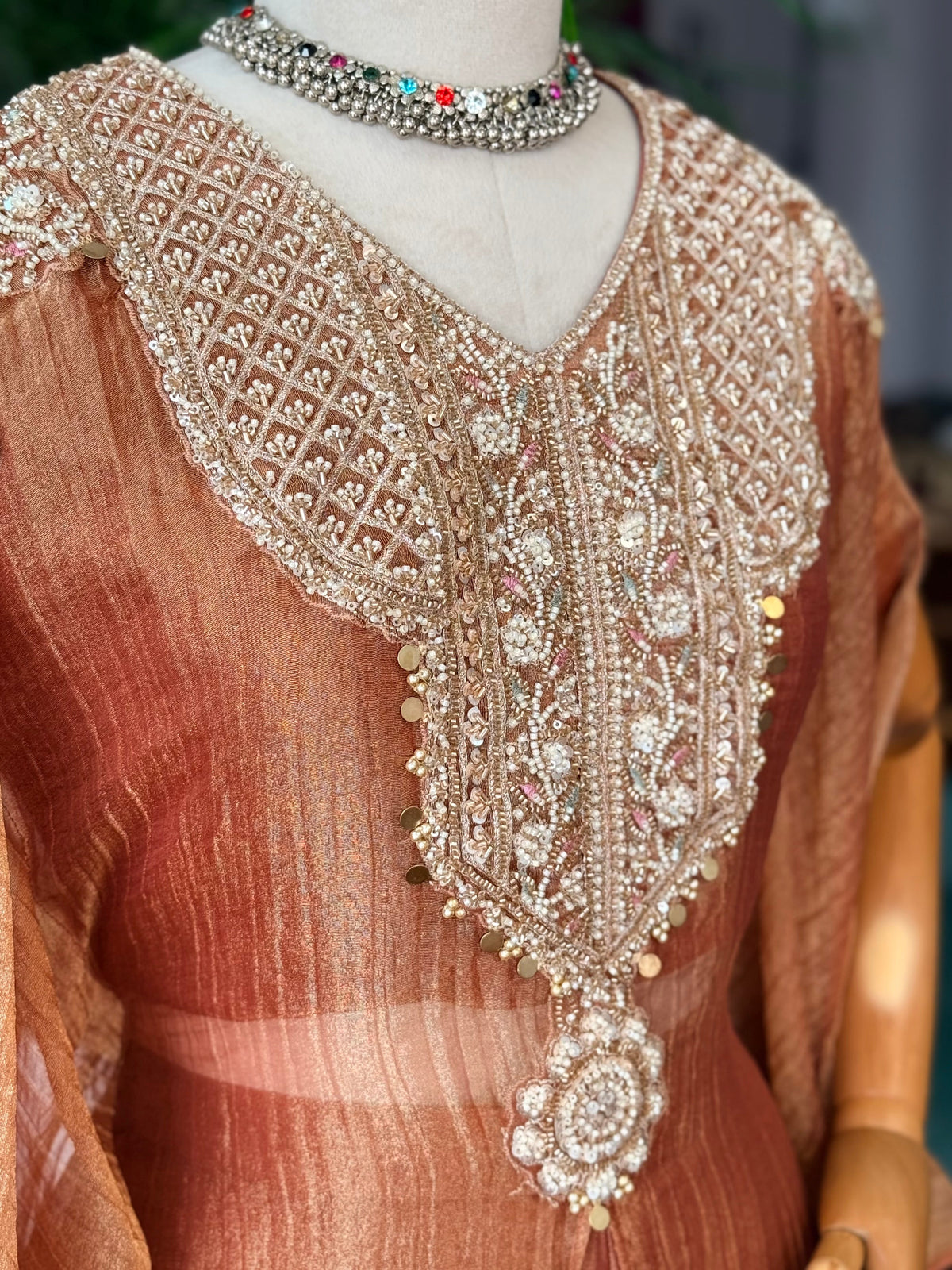 Copper Peach Handwork Necklace Sharara set BLS130