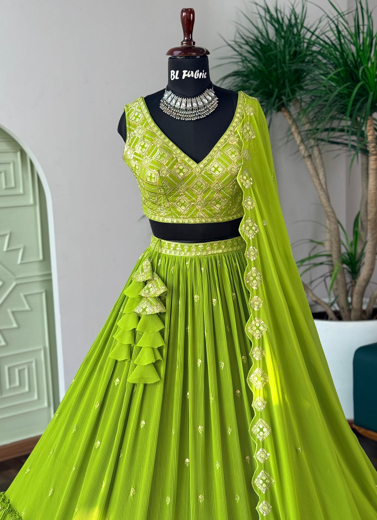 Parrot Green Crush & Embroidery work Ruffle Style Lehenga Choli for any function BL1695
