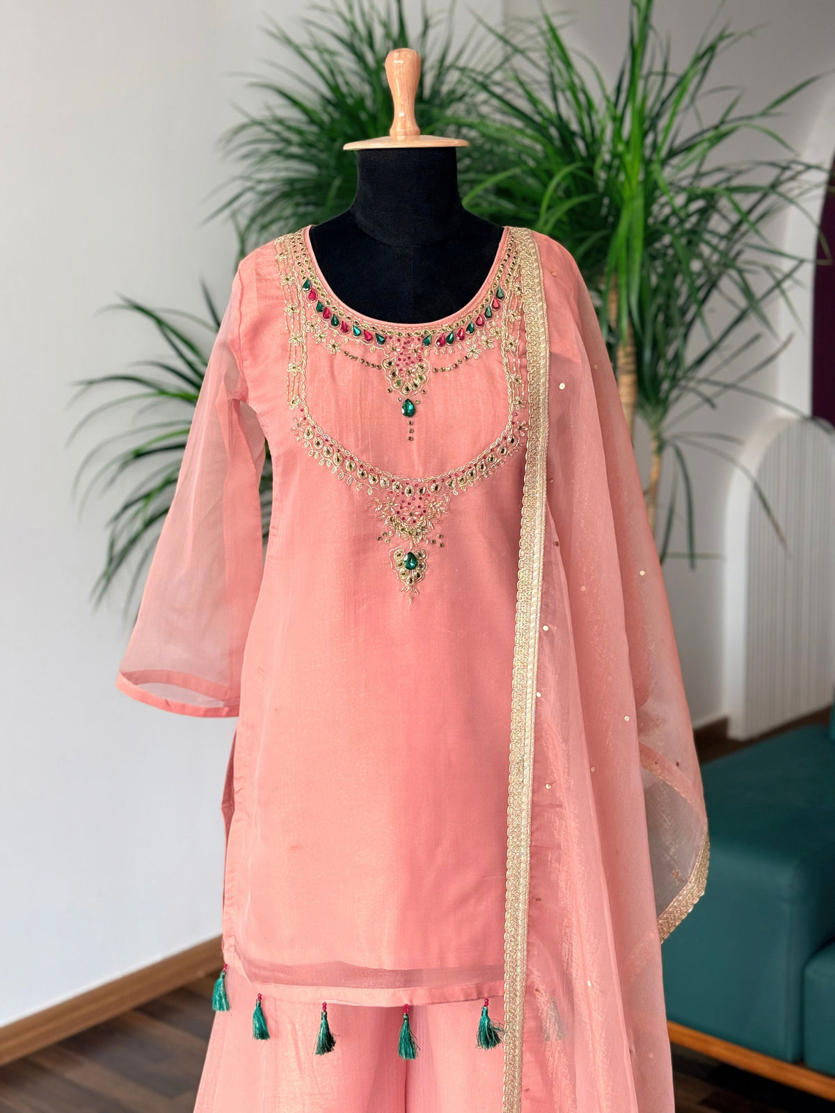 Peach Pink color Bids Sequence Embroidery work Sharara set BLS135