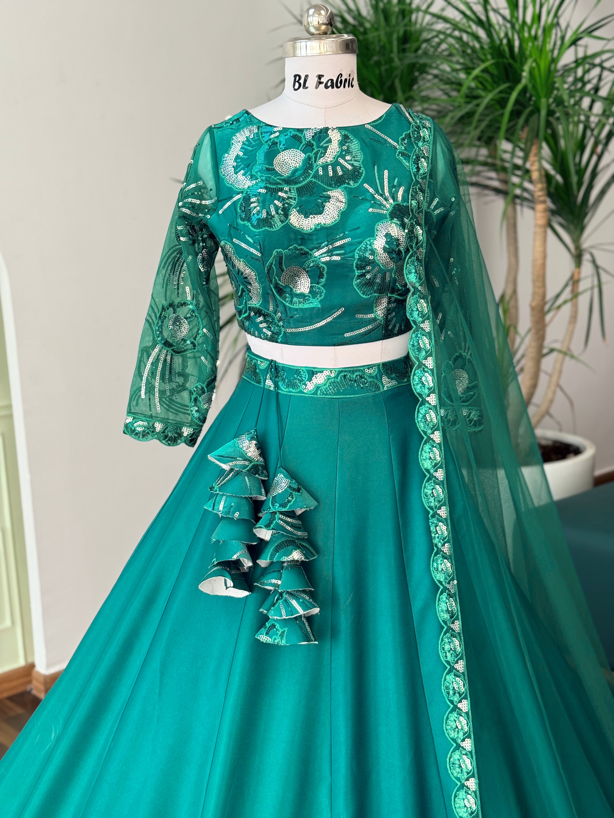 Teal Green Color Sequence Embroidery work Ruffle Style Lehenga Choli for any function BL1699