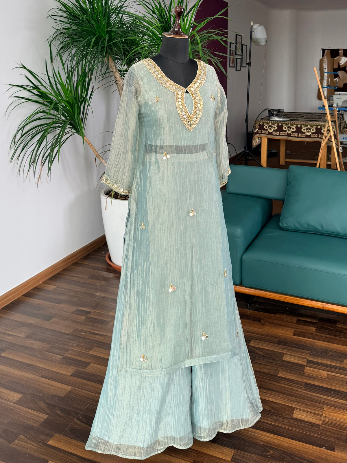 Pastel Sky Blue Handwork Necklace Sharara set BLS115