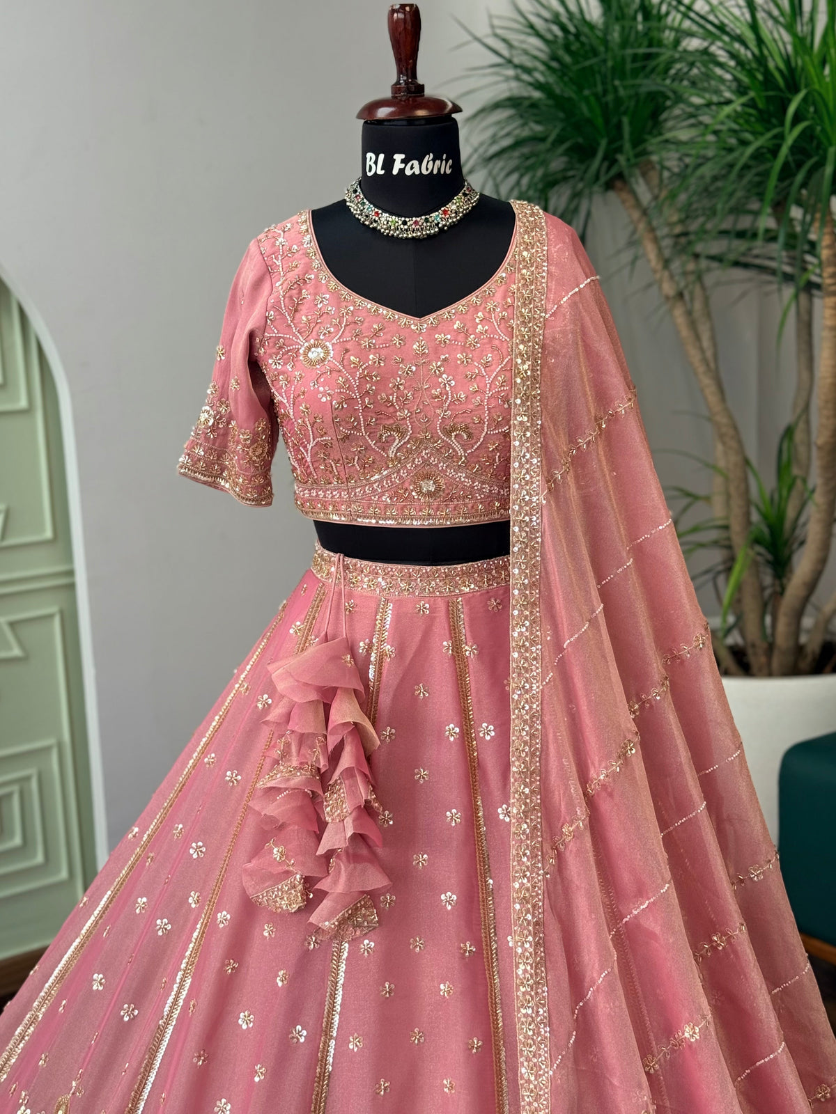 Dusty Peach Pink color Bids Embroidery work Designer Lehenga Choli BL1710