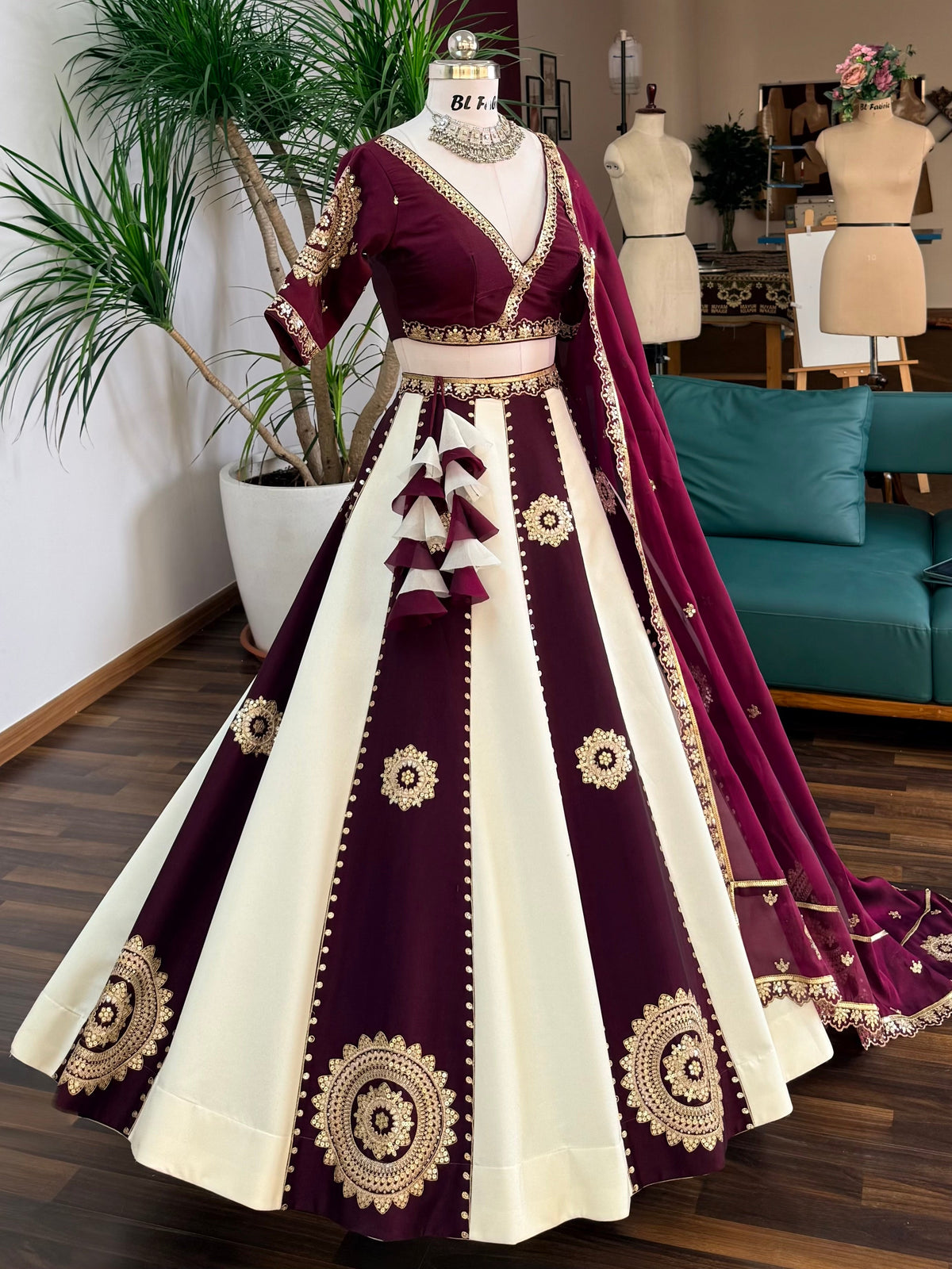 Wine & Off-White color Sequence Embroidery work Designer Lehenga Choli BL1697