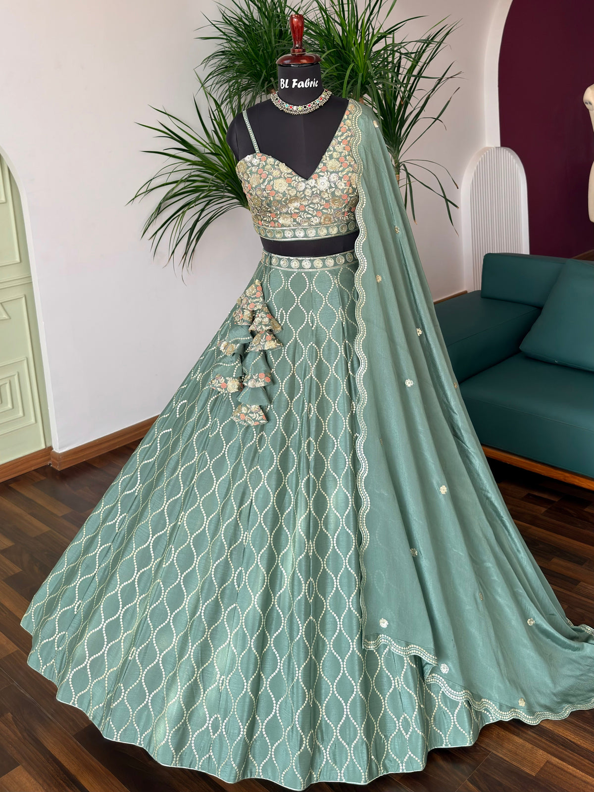 Pastel Green color Sequence Embroidery work Designer Lehenga Choli BL1688