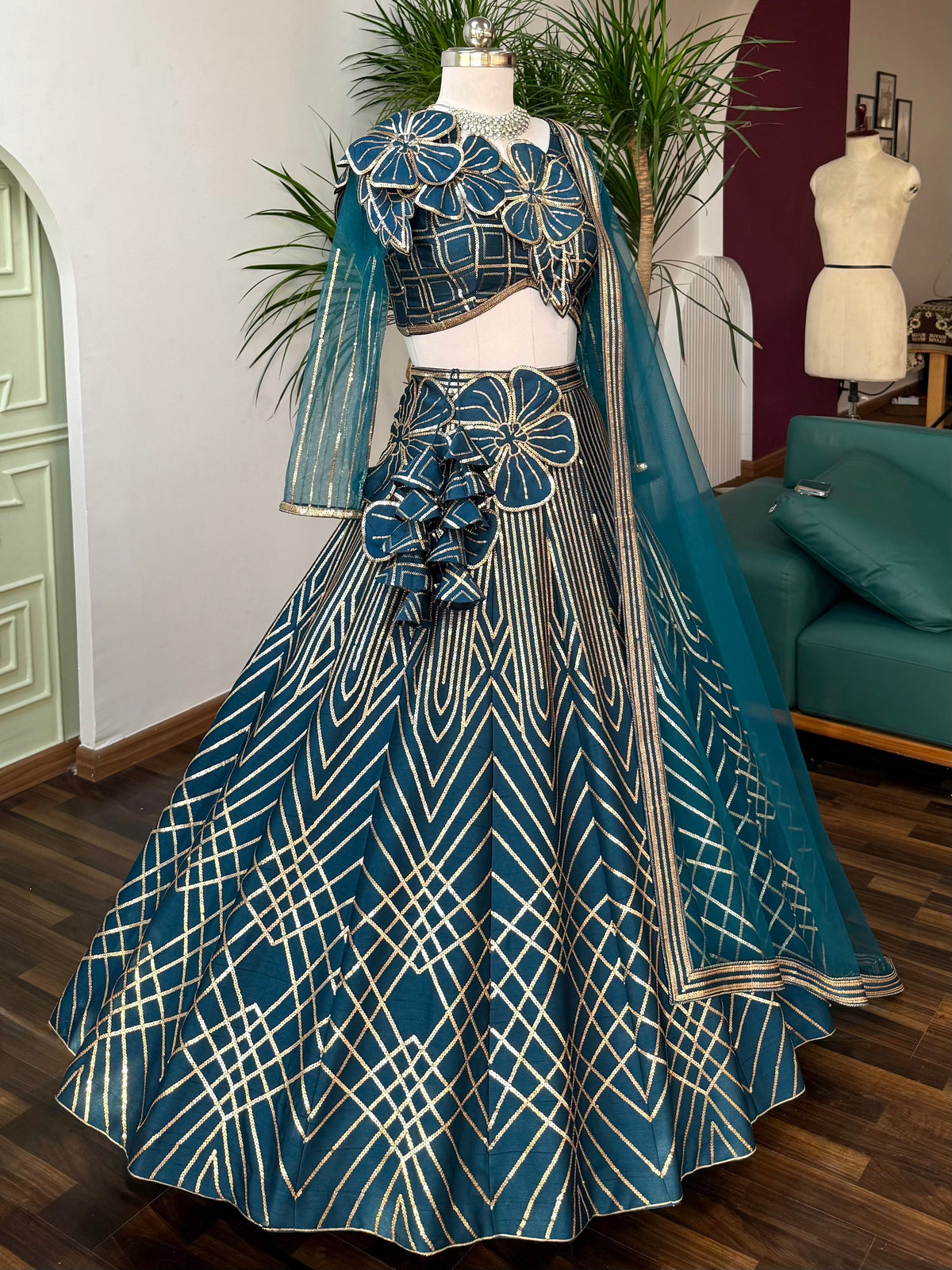Firozi color Designer Sequence Embroidery work Lehenga choli BL1643