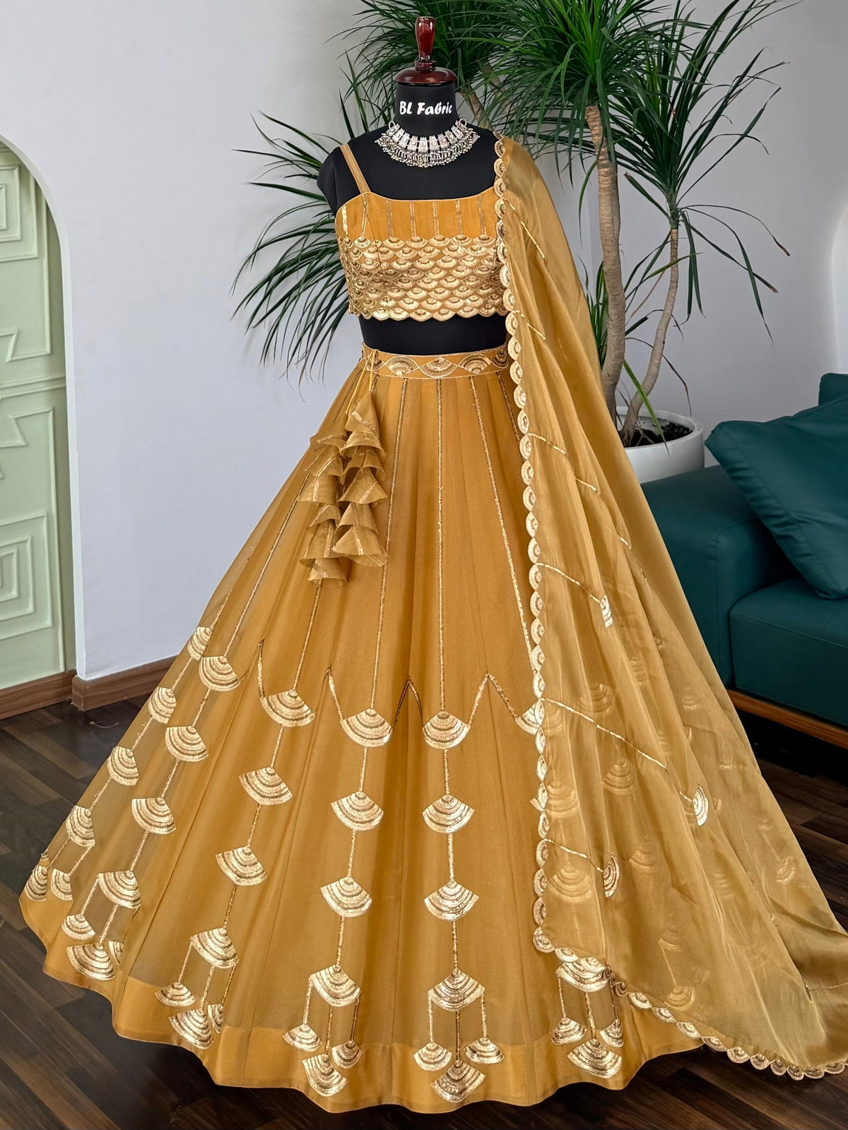 Golden Mustard color Sequence Embroidery work Designer Lehenga Choli BL1724