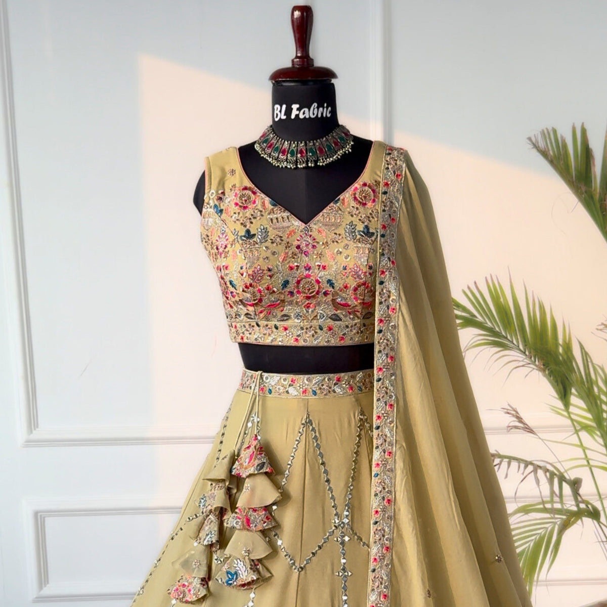 Cream color Real Mirror & Sequence Thread work Designer Wedding Lehenga Choli For Wedding Function BL1493