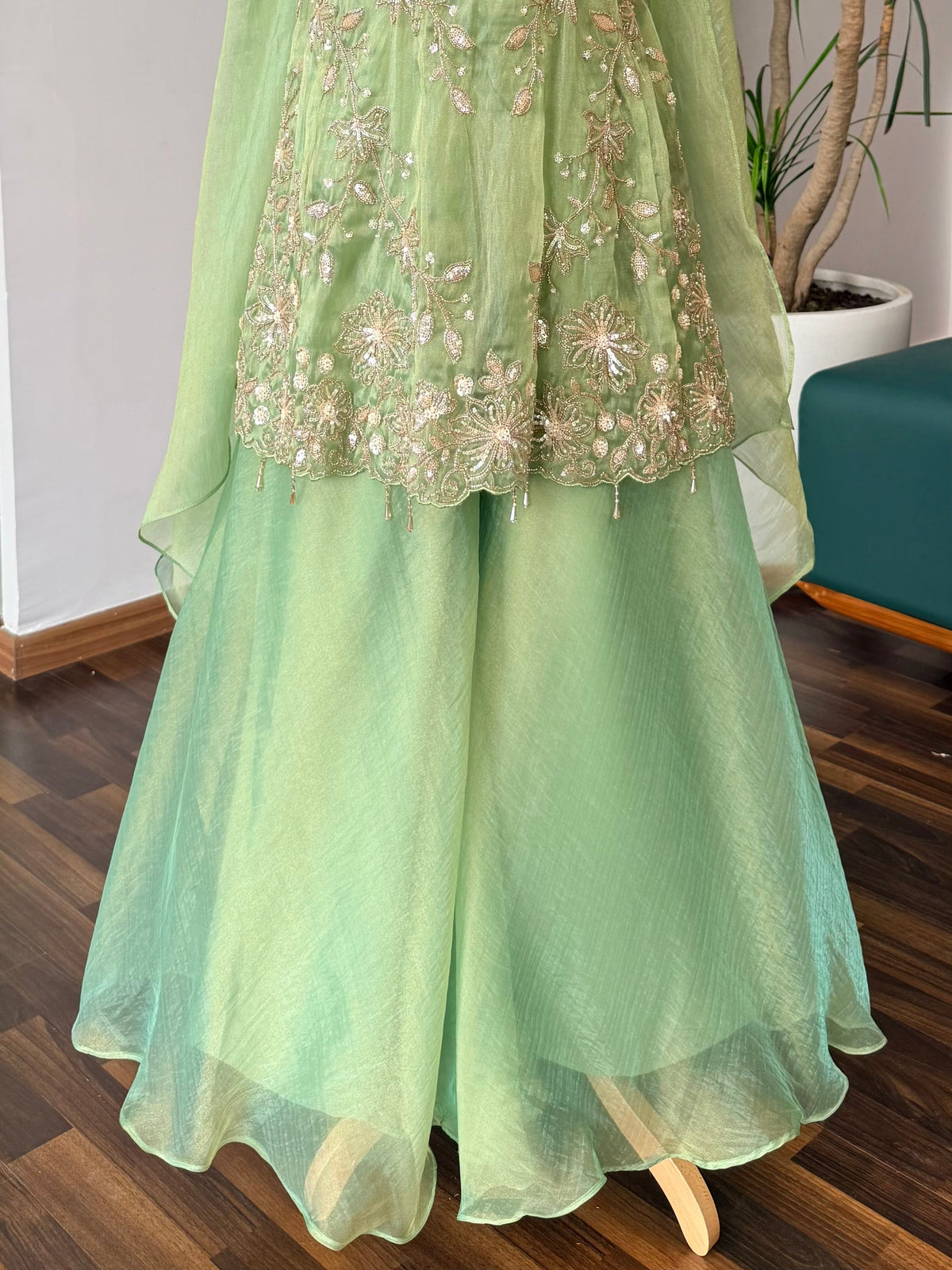 Pastel Pistachio Green color Bids Sequence Embroidery work Sharara set BLS138