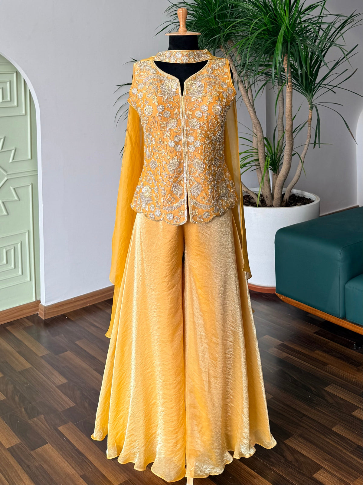 Mustard Yellow color Bids Sequence Embroidery work Sharara set BLS134