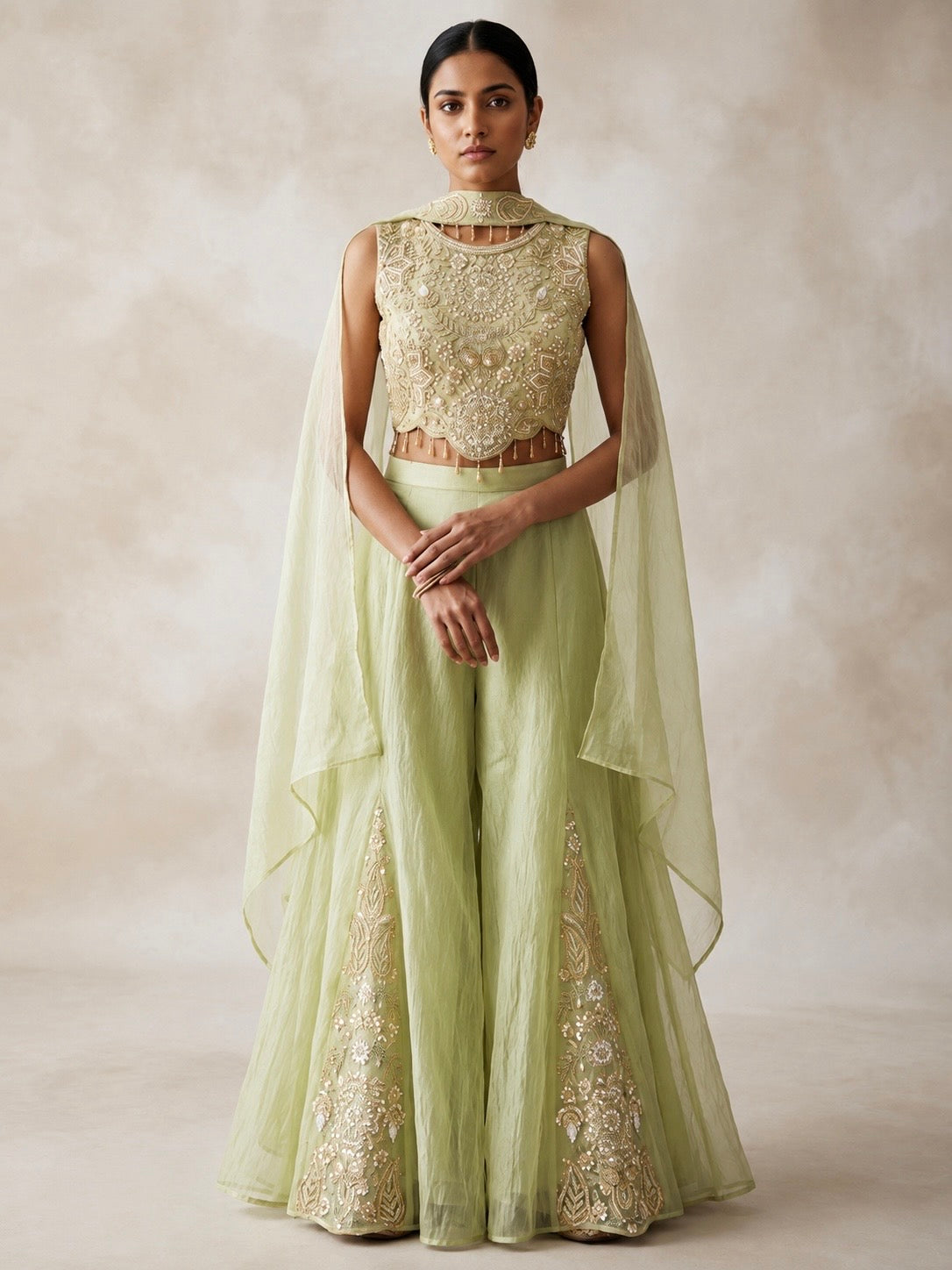 Green color Bids Embroidery work Sharara set BLS108