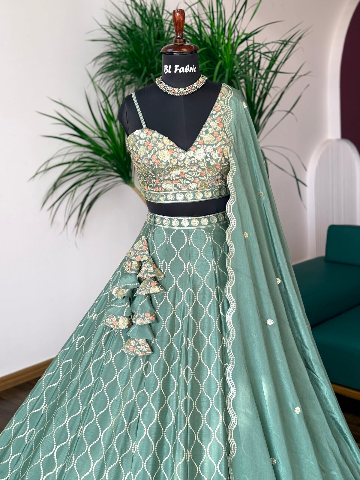 Pastel Green color Sequence Embroidery work Designer Lehenga Choli BL1688
