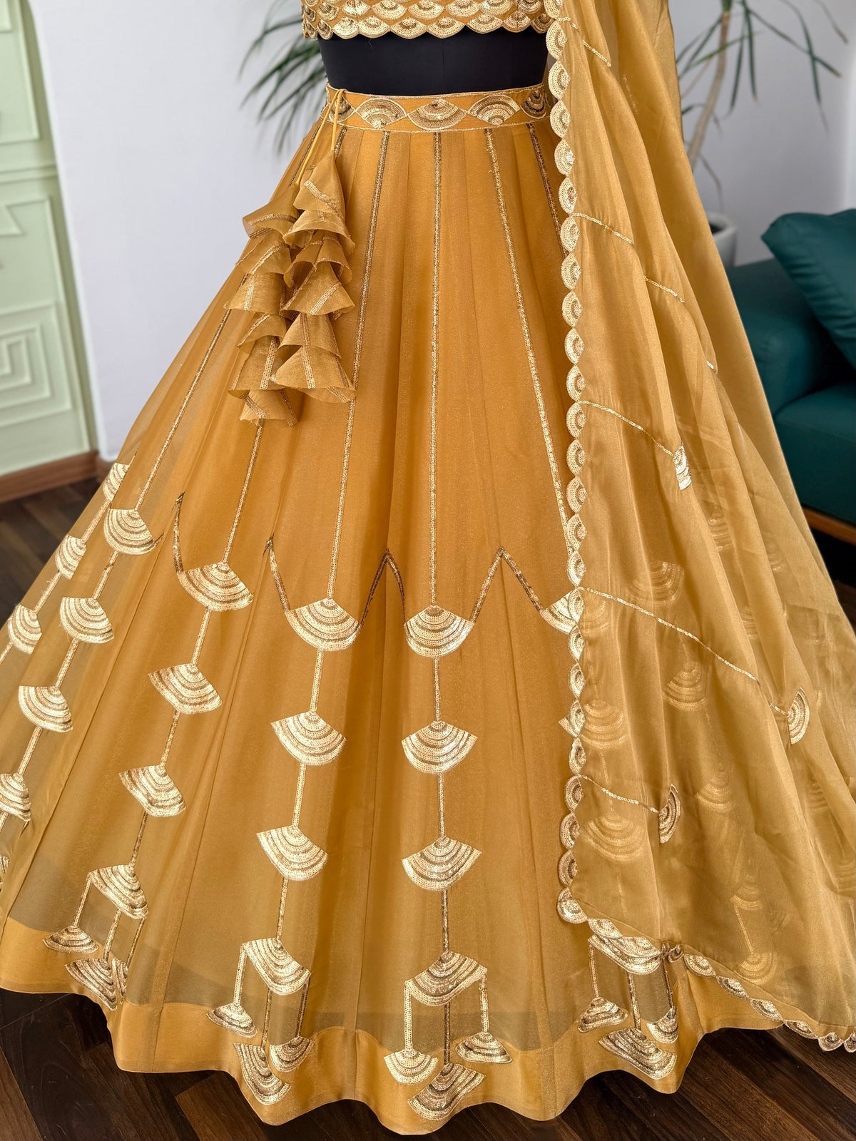 Golden Mustard color Sequence Embroidery work Designer Lehenga Choli BL1724
