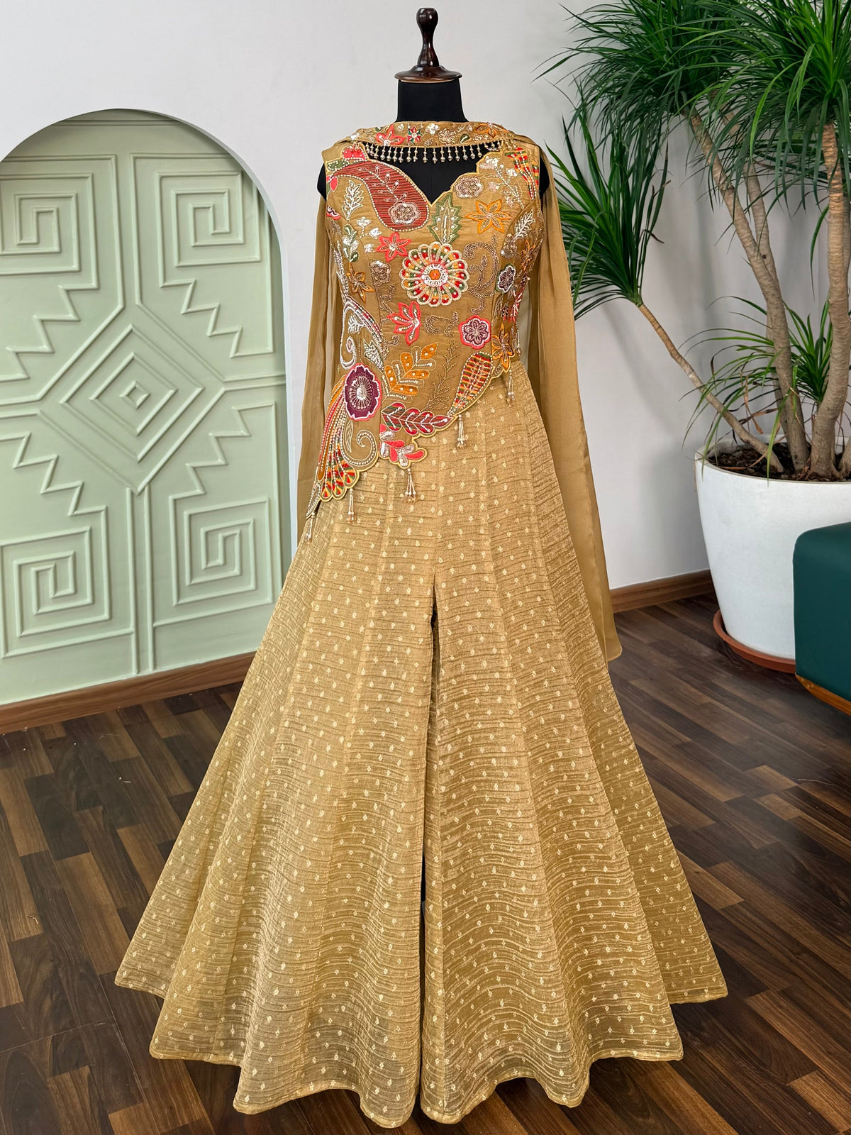 Golden Beige color Bids Embroidery work Sharara set BLS112