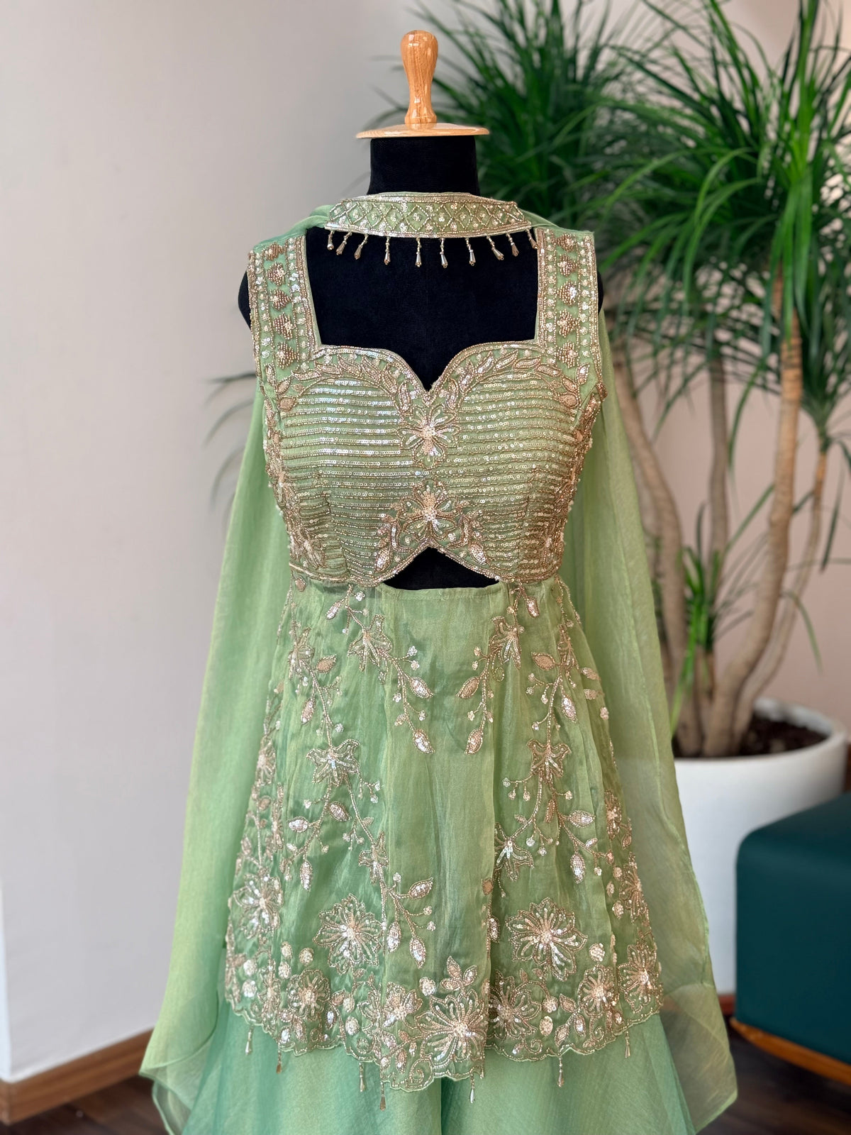 Pastel Pistachio Green color Bids Sequence Embroidery work Sharara set BLS138