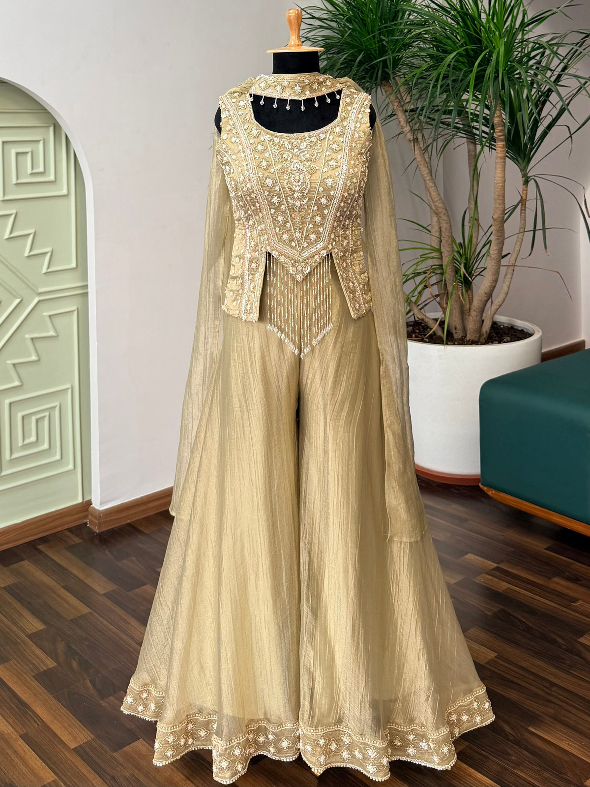 Green color Bids Embroidery work Sharara set BLS119