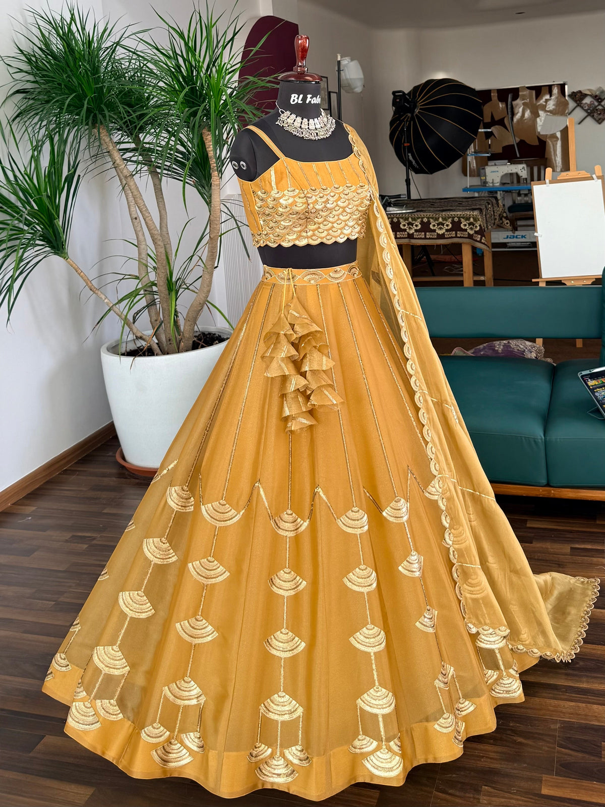 Golden Mustard color Sequence Embroidery work Designer Lehenga Choli BL1724