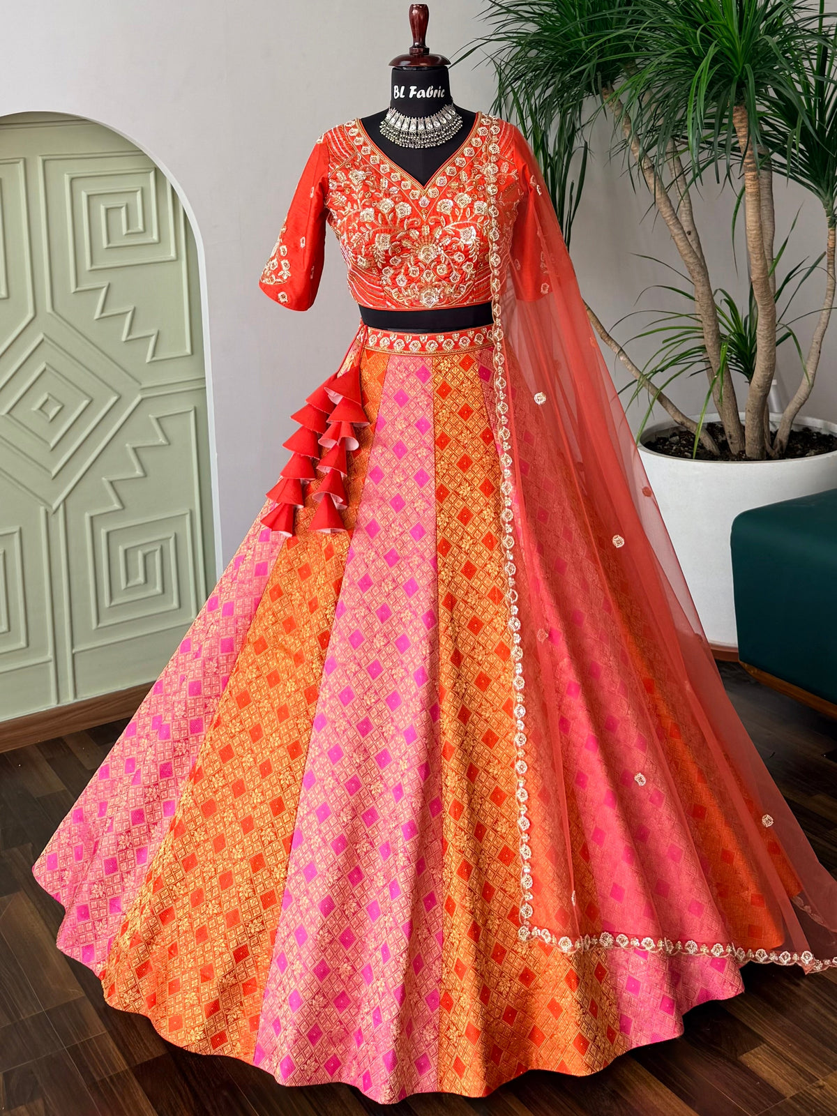 Coral Orange Pink color Bids Embroidery work Jacquard Lehenga Choli BL1744