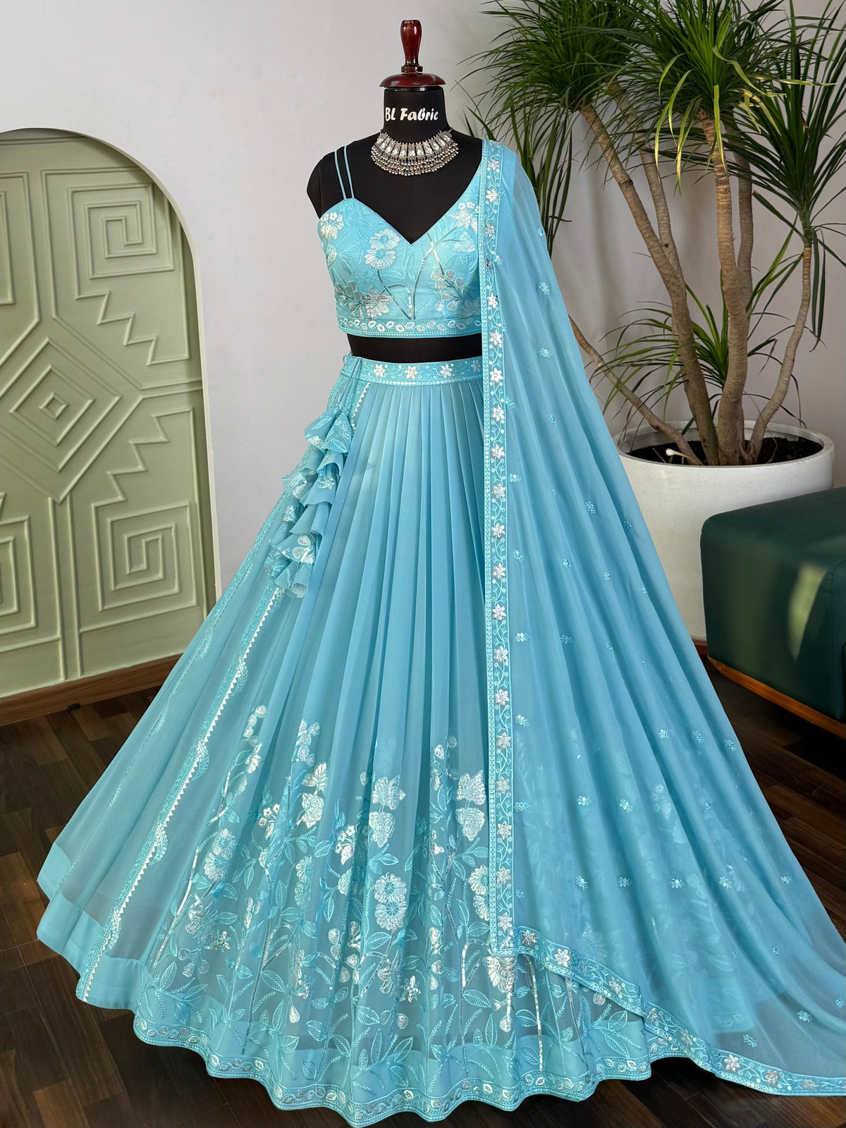 Sky blue color Real Mirror & Embroidery work Designer Lehenga Choli BL1663