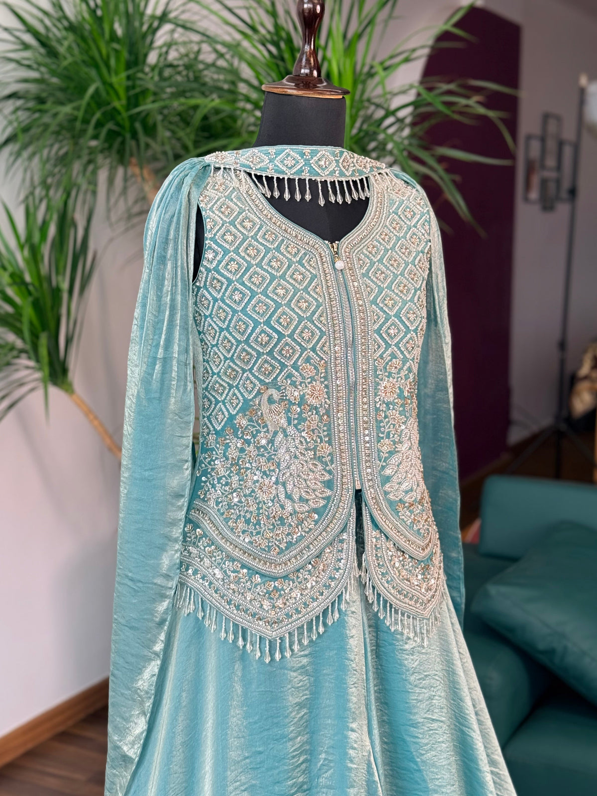 Royal Ice blue color Bids Sequence Embroidery work Sharara set BLS102