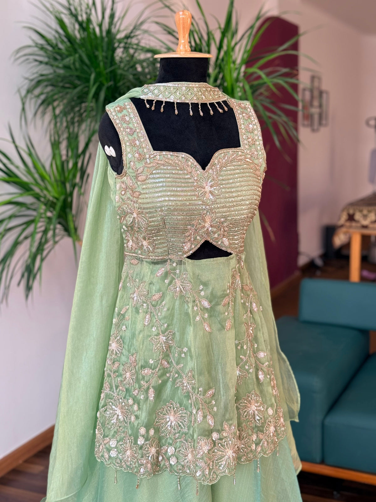 Pastel Pistachio Green color Bids Sequence Embroidery work Sharara set BLS138