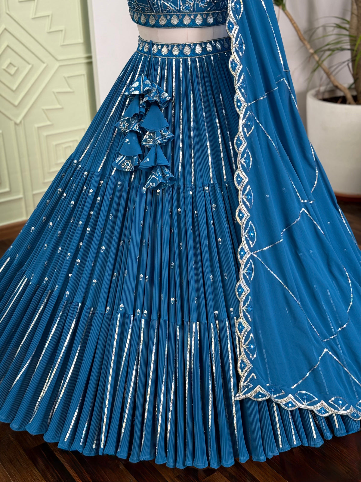 Firozi color Ruffle Sequence Embroidery work Designer Lehenga Choli BL1653