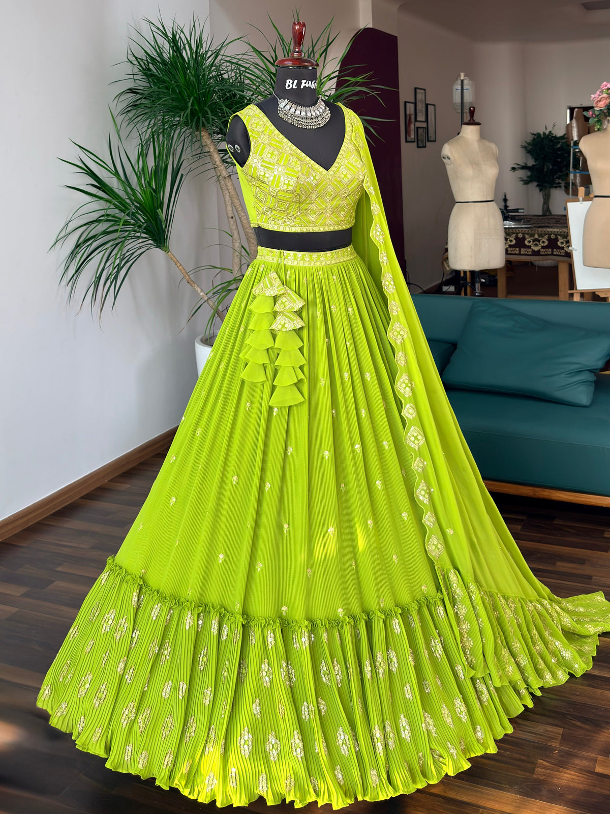Parrot Green Crush & Embroidery work Ruffle Style Lehenga Choli for any function BL1695