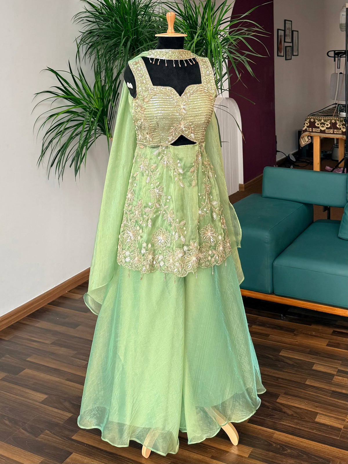 Pastel Pistachio Green color Bids Sequence Embroidery work Sharara set BLS138