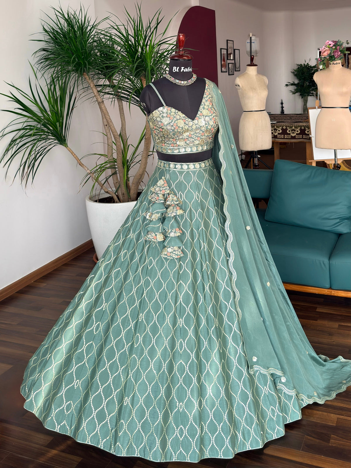 Pastel Green color Sequence Embroidery work Designer Lehenga Choli BL1688