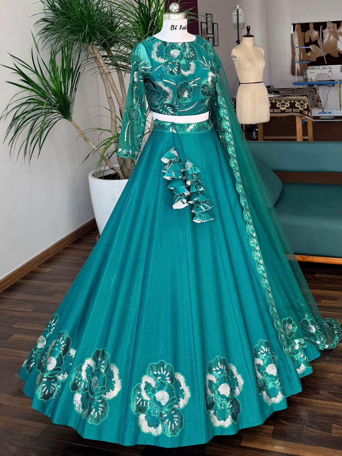 Teal Green Color Sequence Embroidery work Ruffle Style Lehenga Choli for any function BL1699