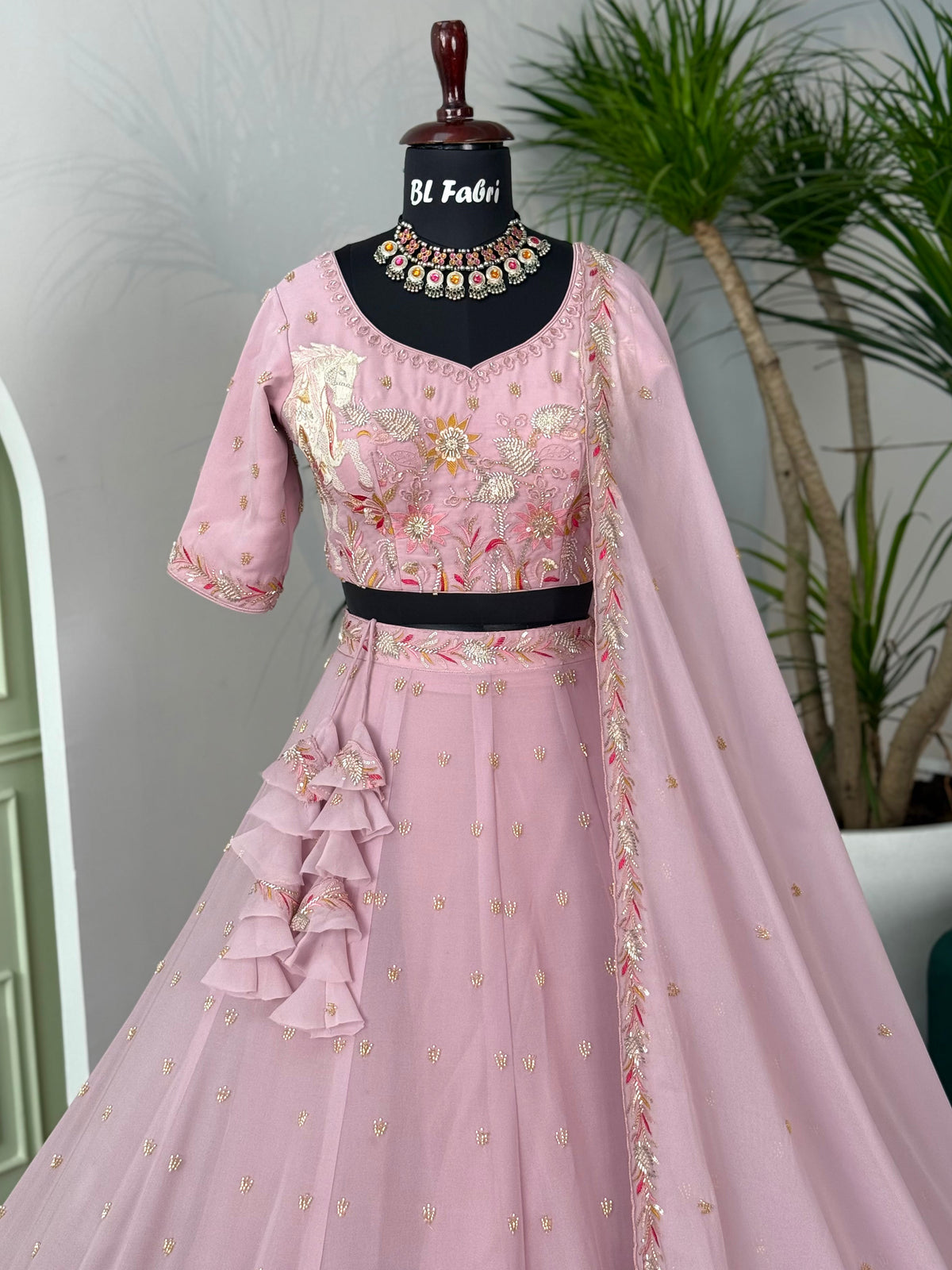 Light Pink color Hand Embroidery machine work Designer Lehenga Choli for Wedding Function BL1603