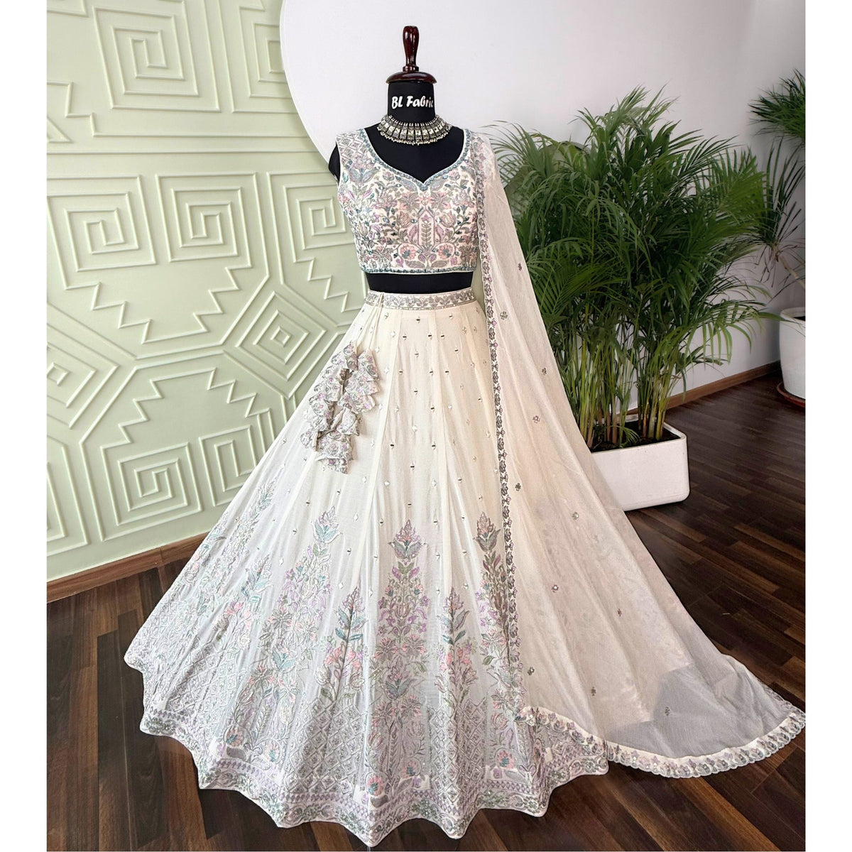 Off White color Real Mirror & Embroidery work Designer Lehenga Choli BL1583