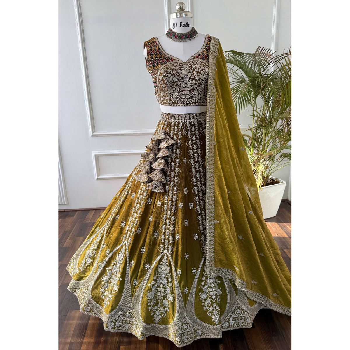 Shadding Mehendi color Real Mirror & Embroidery work Designer Lehenga Choli BL1539