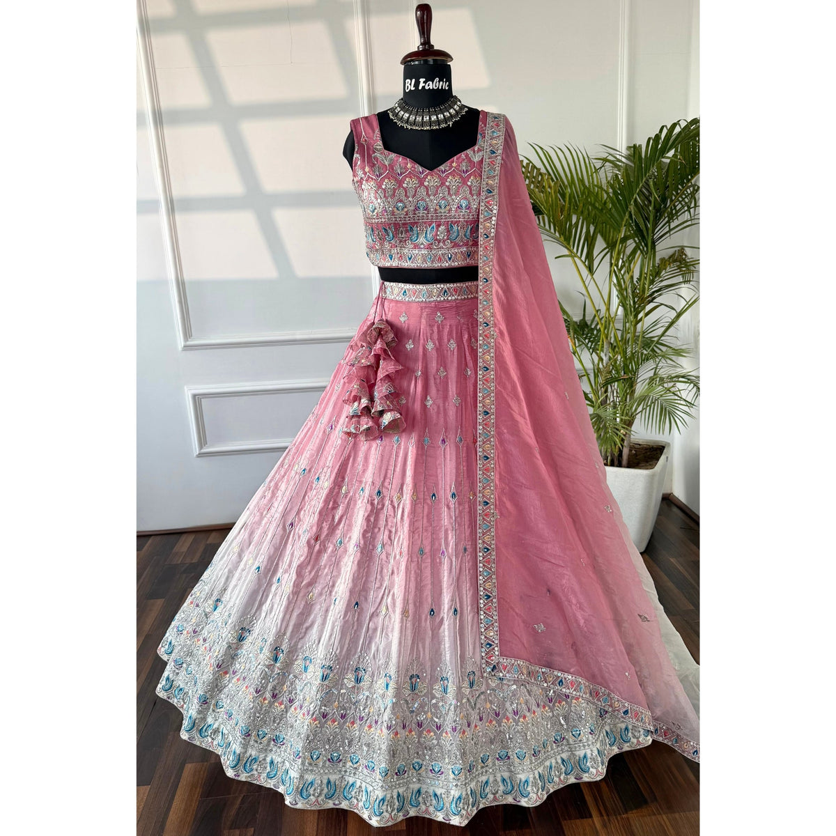 Shadding Pink White Lehenga color Zari Embroidery work Designer Lehenga Choli BL1544