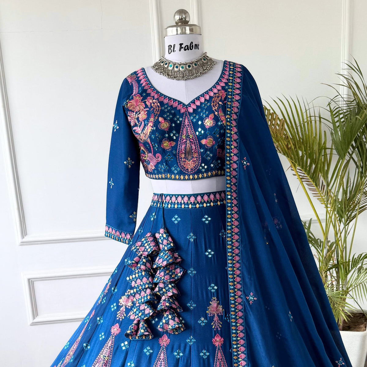 Firozi color Mirror & Sequence Embroidery work Designer Lehenga Choli BL1549